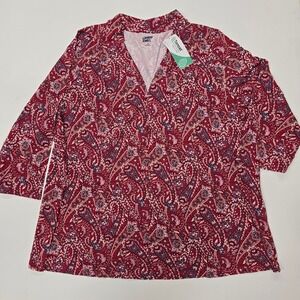 NWOT Lands' End Womens 2X Paisley Print Knit Tencel 3/4 Sleeve V Neck Top